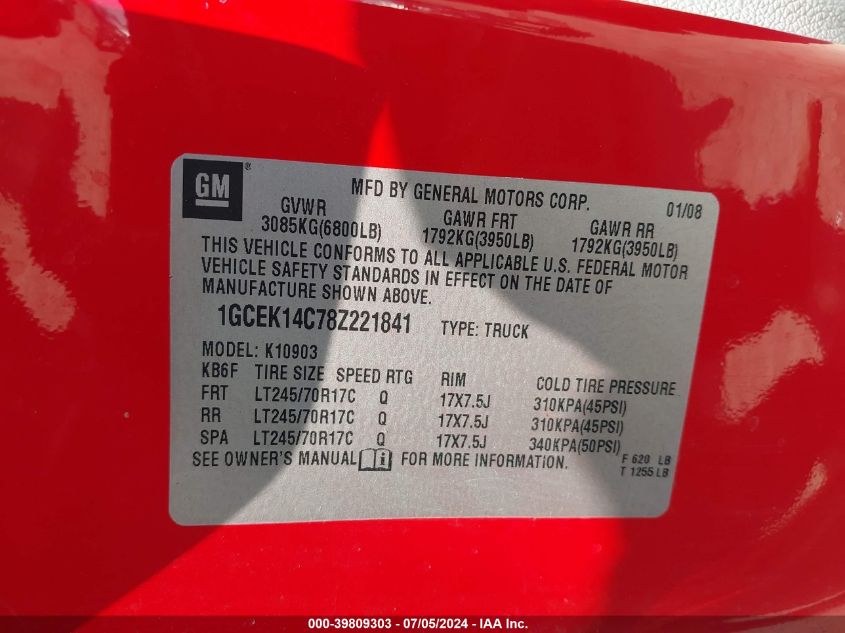 2008 Chevrolet Silverado 1500 Work Truck VIN: 1GCEK14C78Z221841 Lot: 39809303