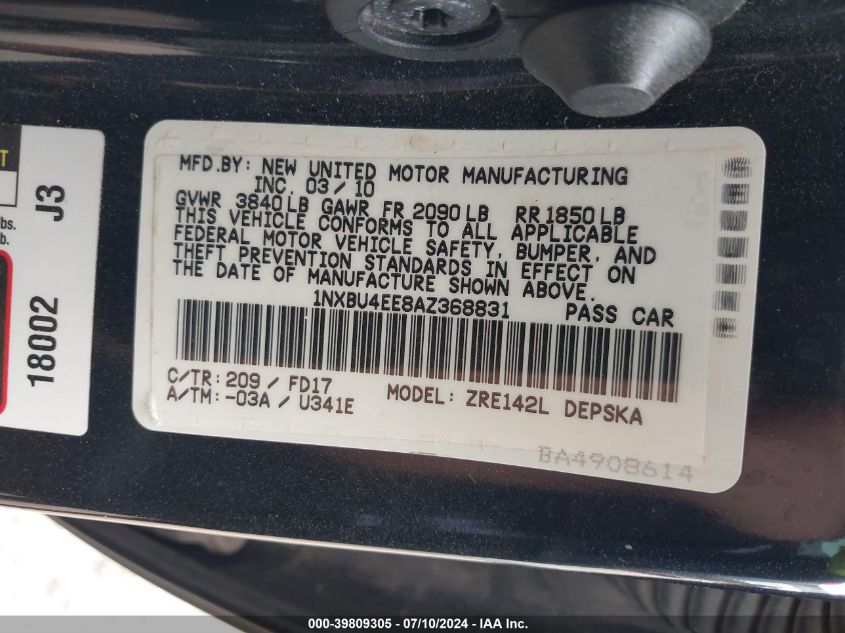 2010 Toyota Corolla S VIN: 1NXBU4EE8AZ368831 Lot: 39809305