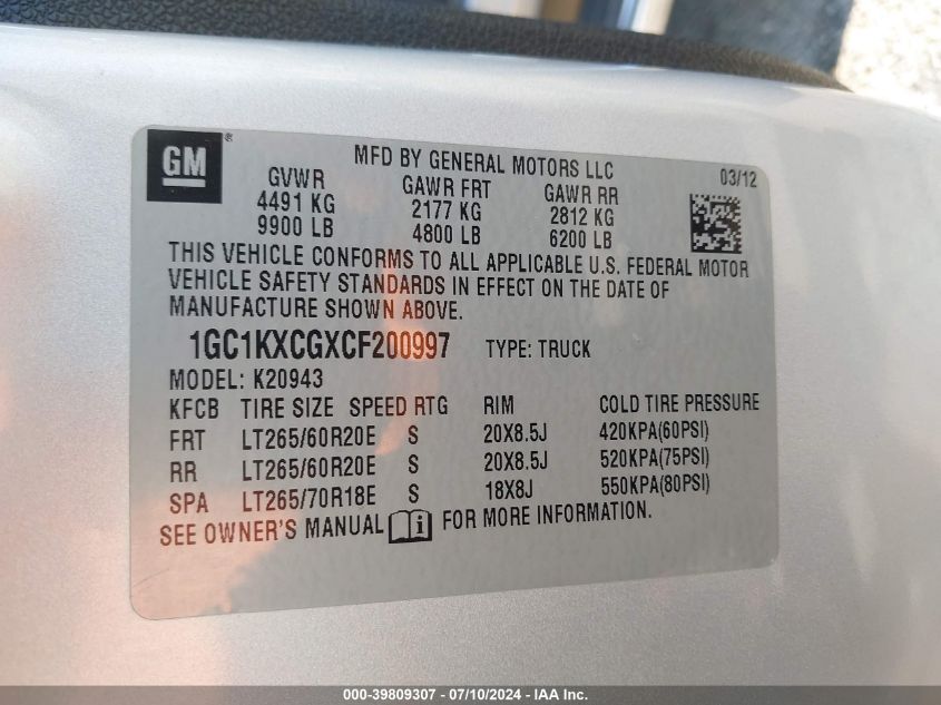 2012 Chevrolet Silverado 2500Hd Lt VIN: 1GC1KXCGXCF200997 Lot: 39809307