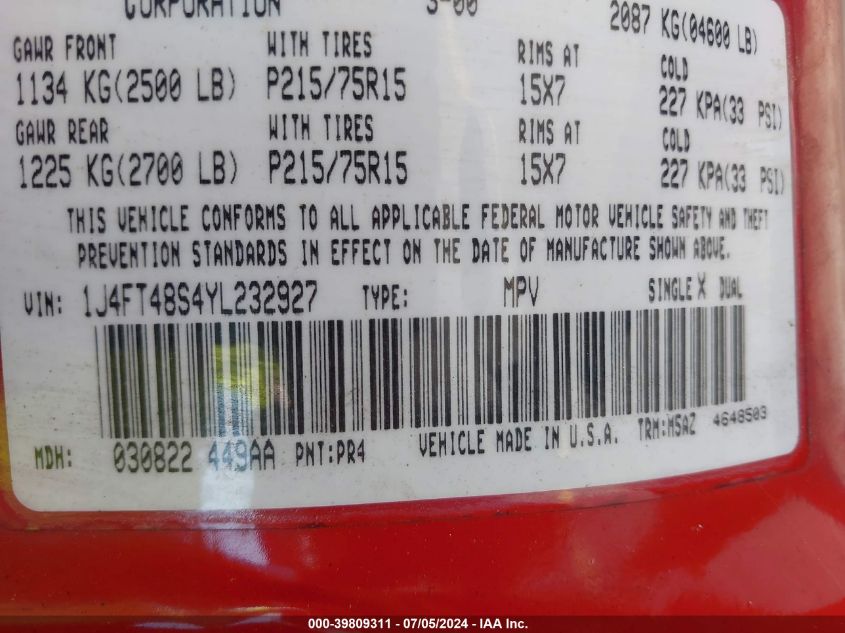 2000 Jeep Cherokee Sport VIN: 1J4FT48S4YL232927 Lot: 39809311