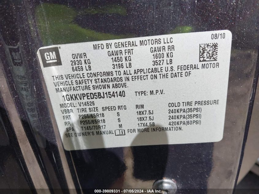 2011 GMC Acadia Sle VIN: 1GKKVPED5BJ154140 Lot: 39809331