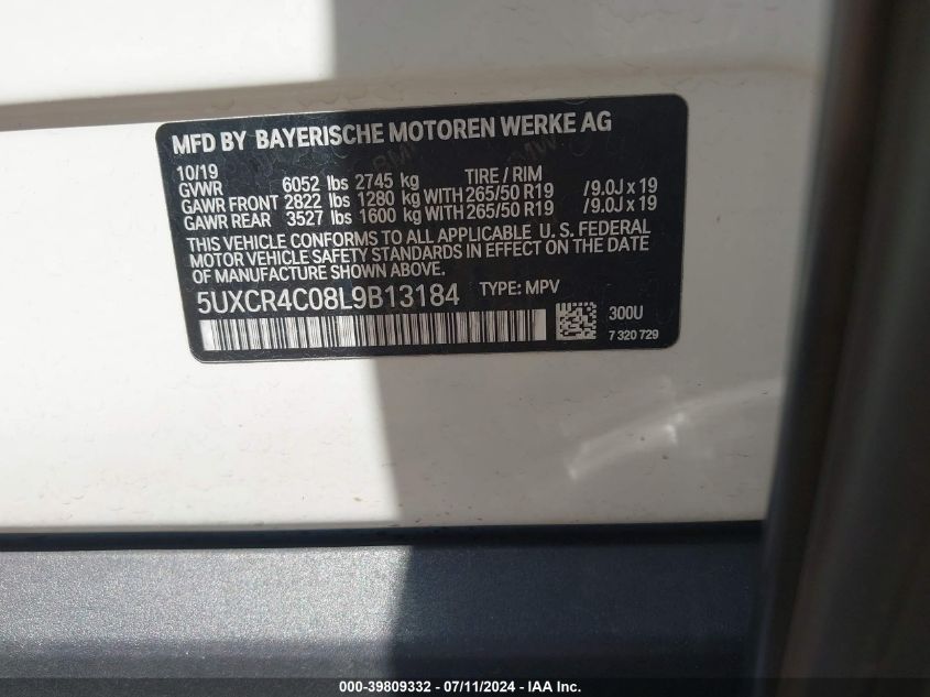 2020 BMW X5 Sdrive40I VIN: 5UXCR4C08L9B13184 Lot: 39809332