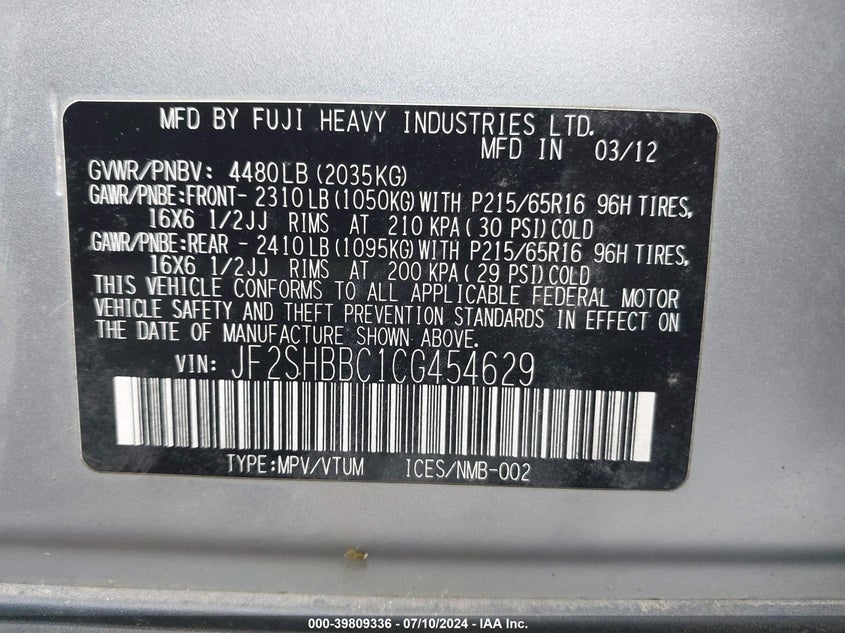 2012 Subaru Forester 2.5X VIN: JF2SHBBC1CG454629 Lot: 39809336