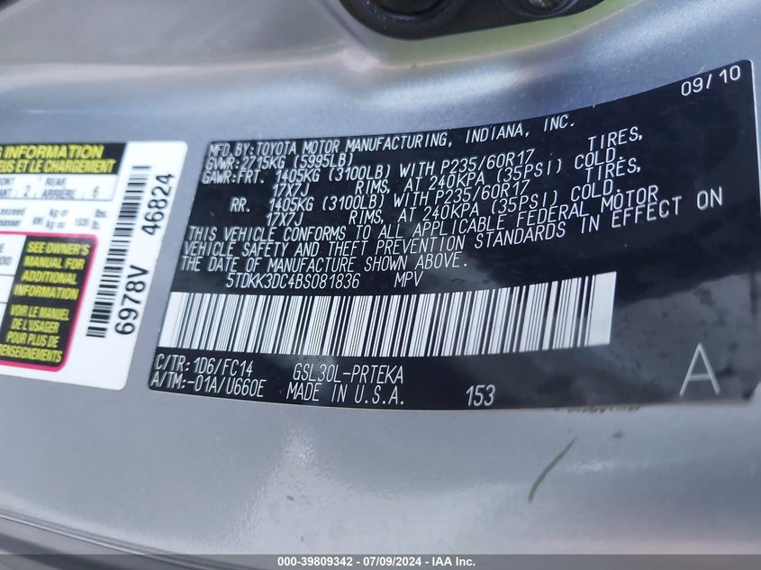 2011 Toyota Sienna Le V6 VIN: 5TDKK3DC4BS081836 Lot: 39809342