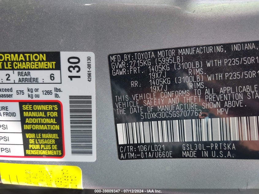 2016 Toyota Sienna Se 8 Passenger VIN: 5TDXK3DC5GS707763 Lot: 39809347