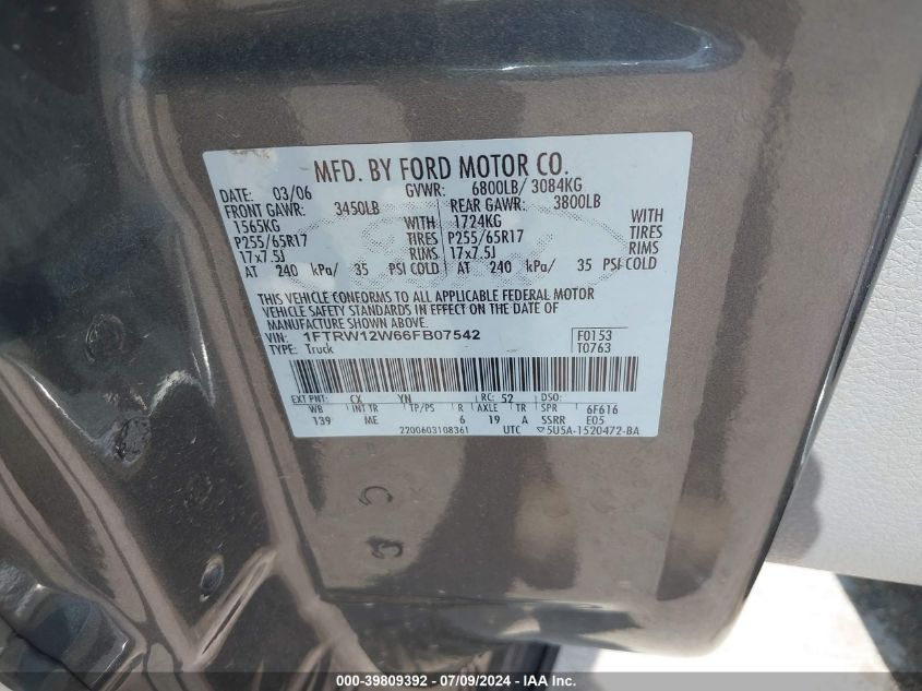 2006 Ford F-150 Xlt VIN: 1FTRW12W66FB07542 Lot: 39809392