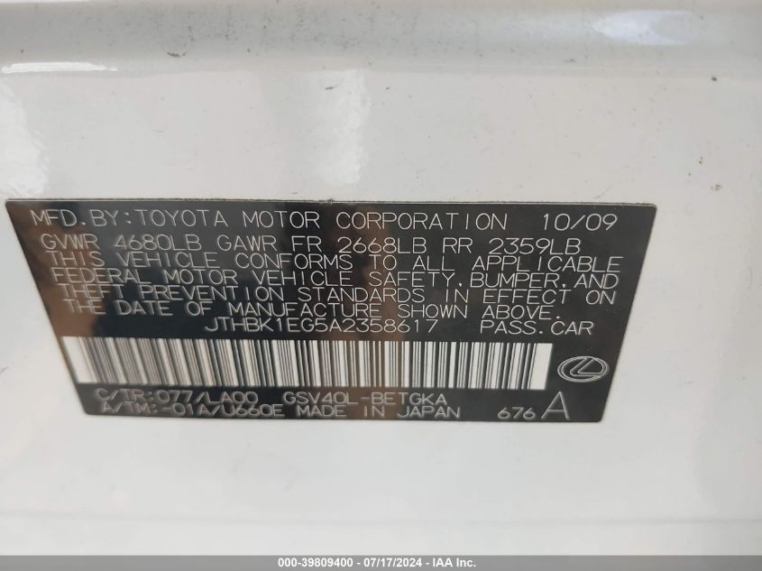 2010 Lexus Es 350 350 VIN: JTHBK1EG5A2358617 Lot: 39809400