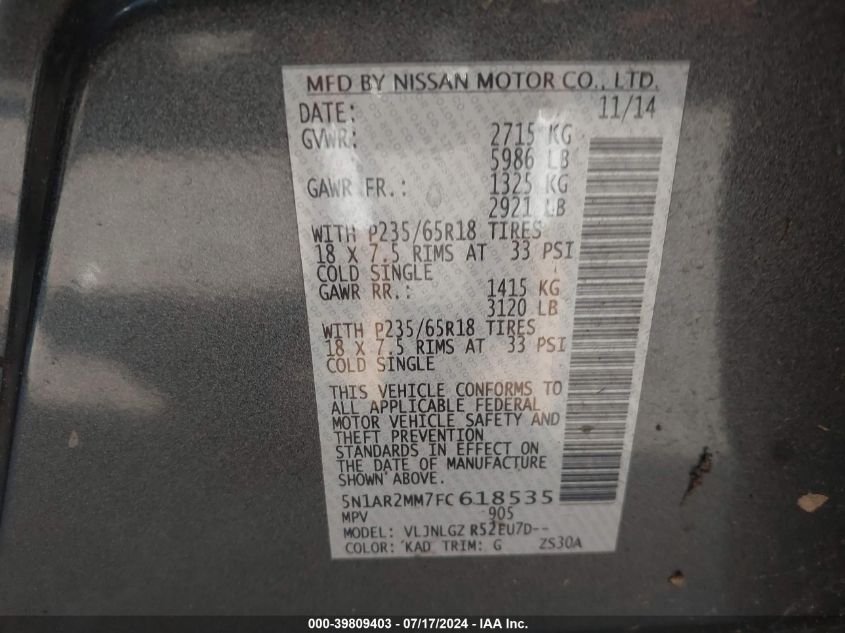 2015 Nissan Pathfinder Sl VIN: 5N1AR2MM7FC618535 Lot: 39809403