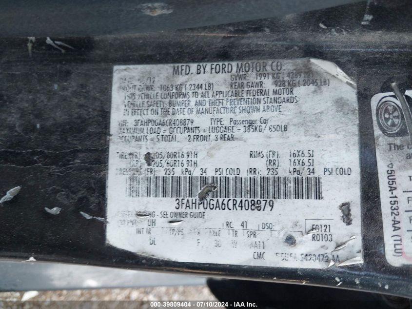 2012 Ford Fusion S VIN: 3FAHP0GA6CR408879 Lot: 39809404