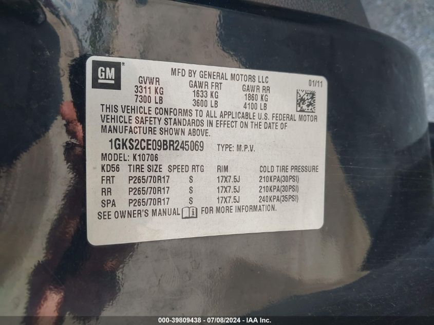 2011 GMC Yukon Slt VIN: 1GKS2CE09BR245069 Lot: 39809438