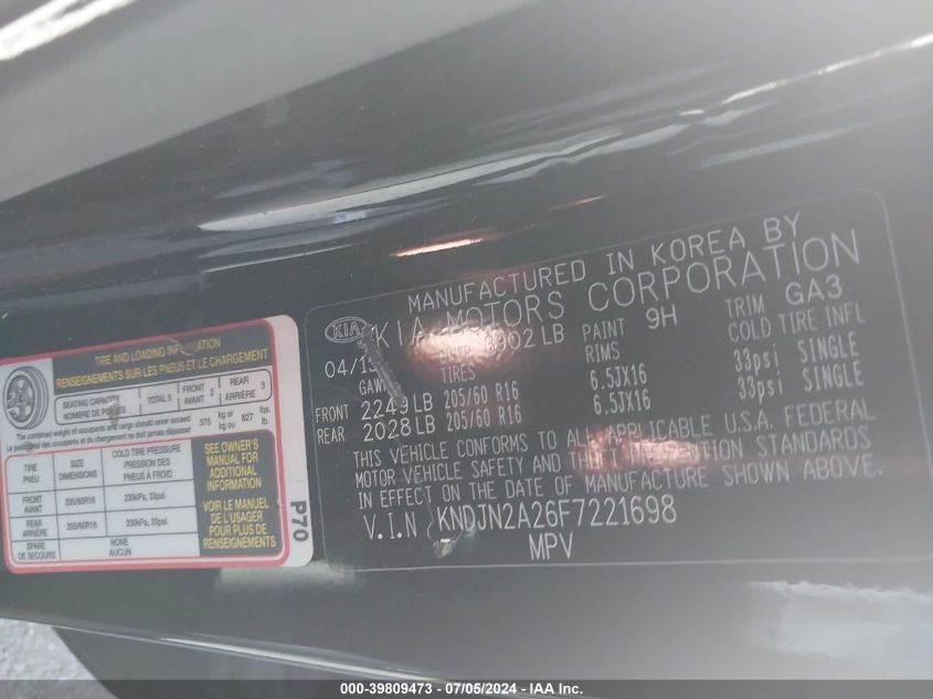 2015 Kia Soul VIN: KNDJN2A26F7221698 Lot: 39809473