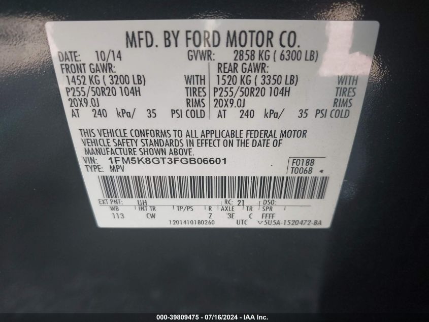 2015 Ford Explorer Sport VIN: 1FM5K8GT3FGB06601 Lot: 39809475