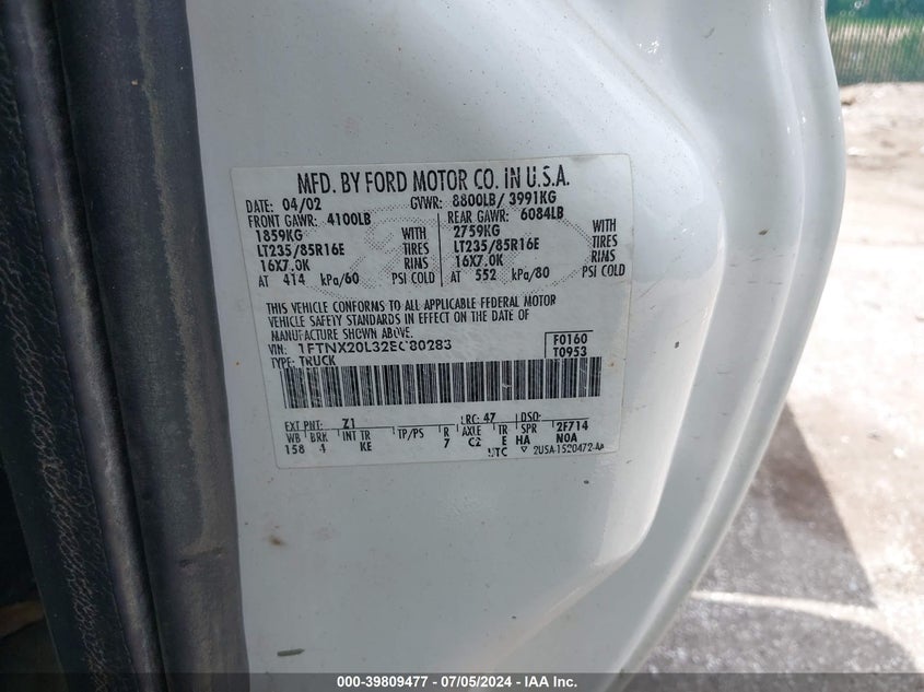 2002 Ford F-250 Lariat/Xl/Xlt VIN: 1FTNX20L32EC80283 Lot: 39809477