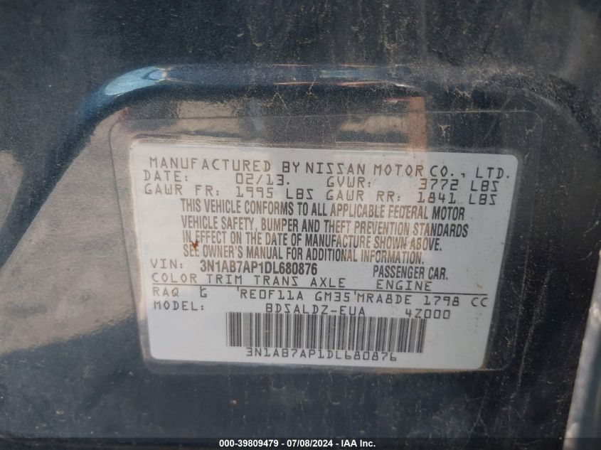 2013 Nissan Sentra S/Sv/Sr/Sl VIN: 3N1AB7AP1DL680876 Lot: 39809479