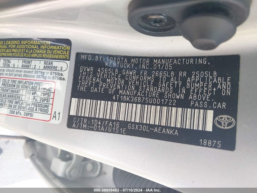 2005 Toyota Avalon Xl VIN: 4T1BK36B75U001722 Lot: 39809483