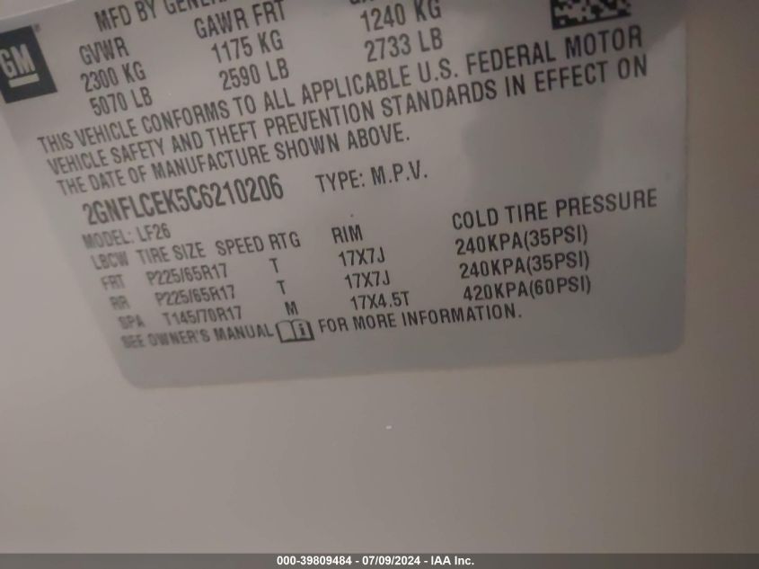 2012 Chevrolet Equinox Ls VIN: 2GNFLCEK5C6210206 Lot: 39809484