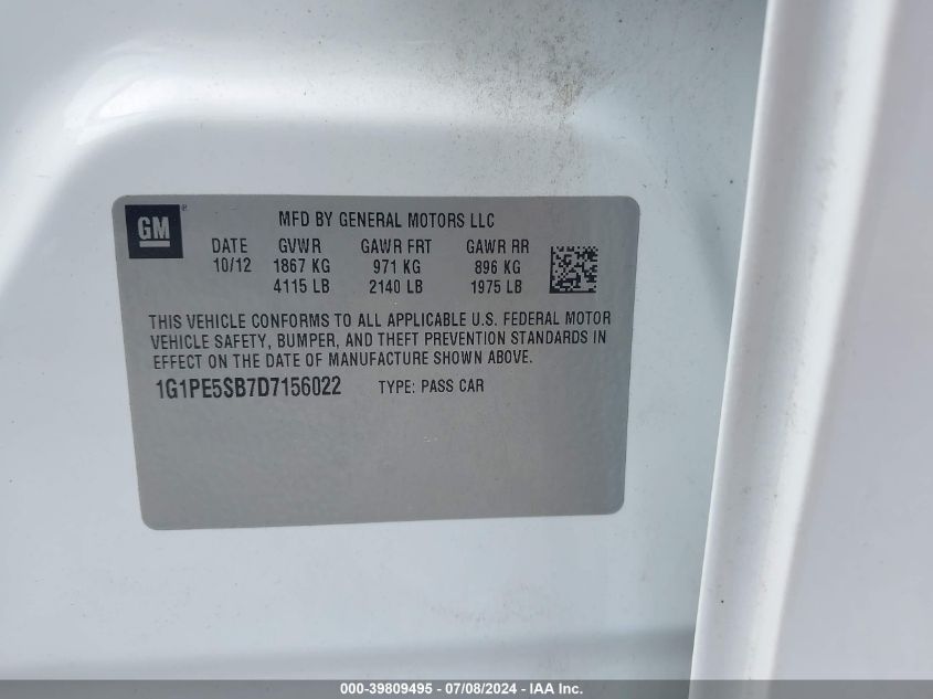 2013 Chevrolet Cruze 2Lt Auto VIN: 1G1PE5SB7D7156022 Lot: 39809495