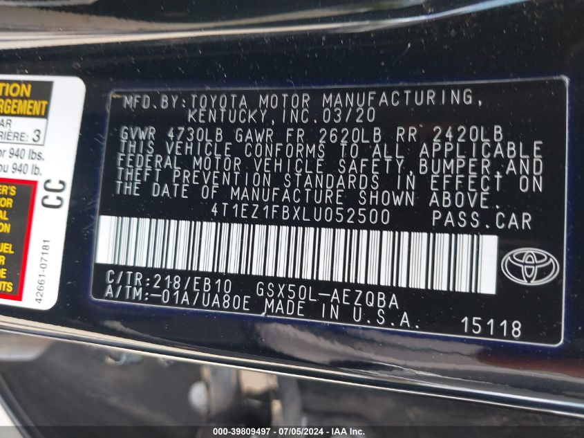 2020 Toyota Avalon Xse VIN: 4T1EZ1FBXLU052500 Lot: 39809497