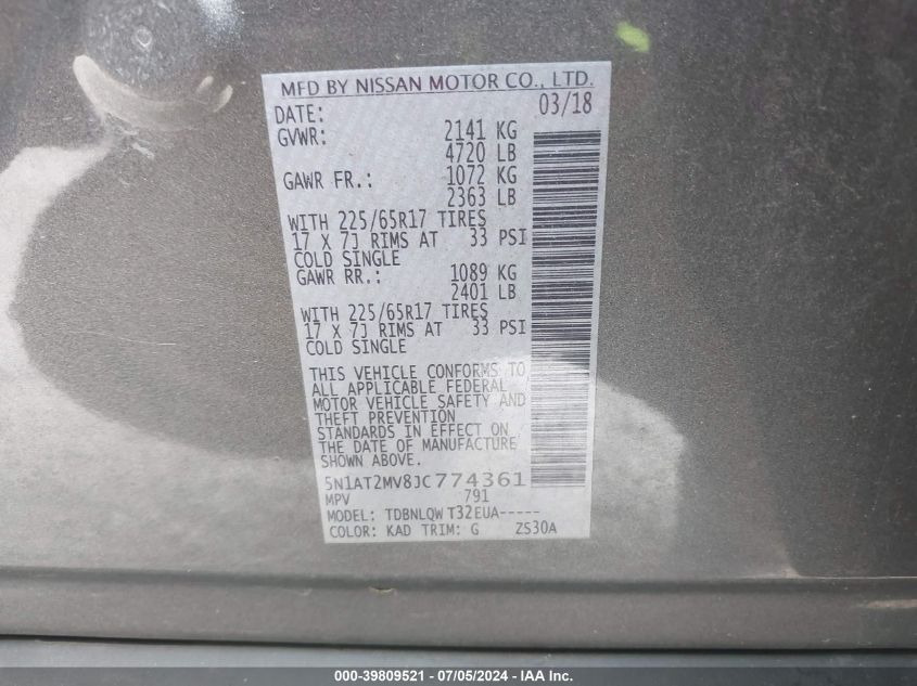 2018 Nissan Rogue Sv VIN: 5N1AT2MV8JC774361 Lot: 39809521