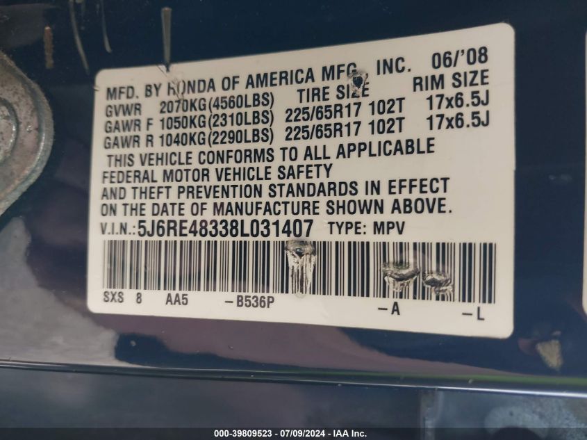 2008 Honda Cr-V Lx VIN: 5J6RE48338L031407 Lot: 39809523