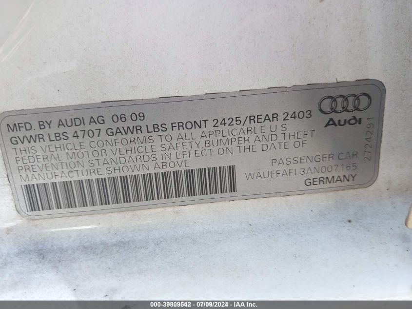 2010 Audi A4 2.0T Premium VIN: WAUEFAFL3AN007165 Lot: 39809542