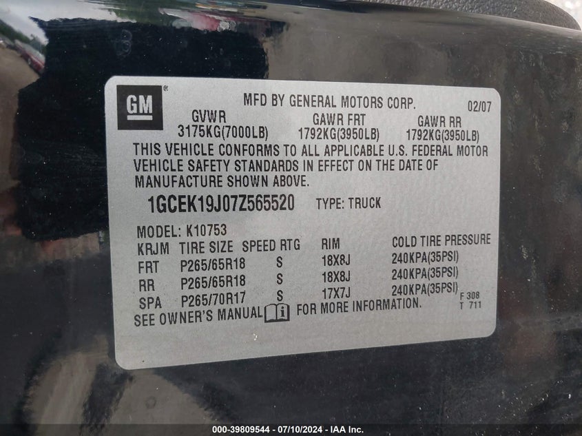 1GCEK19J07Z565520 2007 Chevrolet Silverado 1500 Ltz