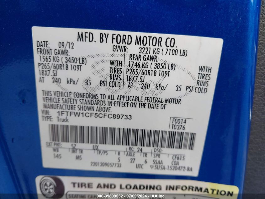 2012 Ford F150 Supercrew VIN: 1FTFW1CF5CFC89733 Lot: 39809552