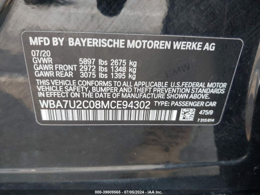 2021 BMW 750I xDrive VIN: WBA7U2C08MCE94302 Lot: 39809565