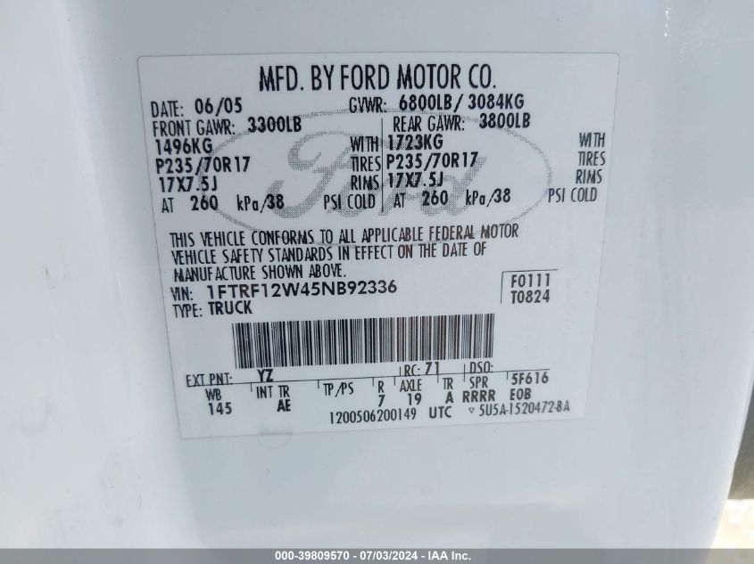 2005 Ford F-150 Stx/Xl/Xlt VIN: 1FTRF12W45NB92336 Lot: 39809570