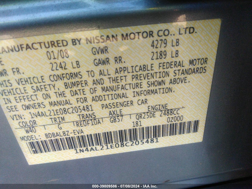 2008 Nissan Altima 2.5/2.5S VIN: 1N4AL21E08C205481 Lot: 39809586
