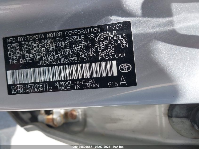 2008 Toyota Prius VIN: JTDKB20U883337107 Lot: 39809587