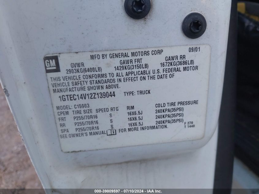 2002 GMC Sierra 1500 Standard VIN: 1GTEC14V12Z139044 Lot: 39809597