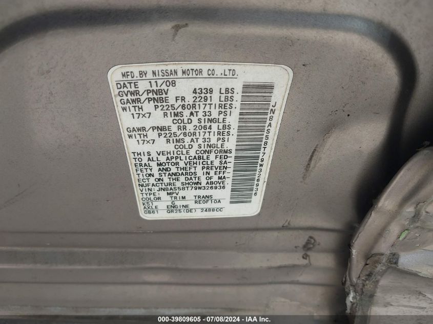 2009 Nissan Rogue Sl VIN: JN8AS58T79W326936 Lot: 39809605