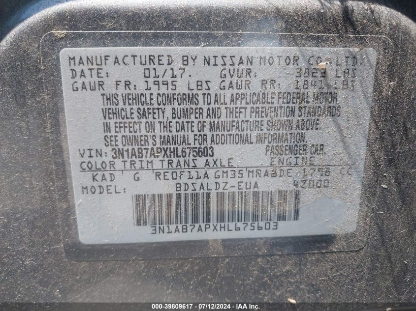 2017 Nissan Sentra Sv VIN: 3N1AB7APXHL675603 Lot: 39809617