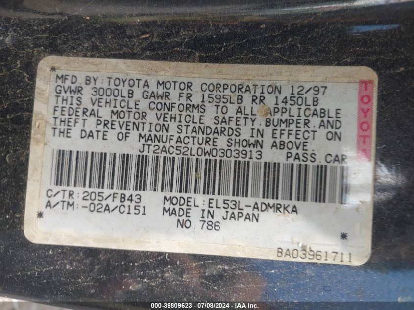 1998 Toyota Tercel Ce VIN: JT2AC52L0W0303913 Lot: 39809623