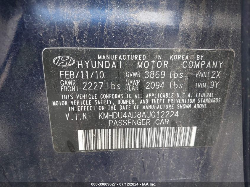 2010 Hyundai Elantra Gls VIN: KMHDU4AD8AU012224 Lot: 39809627