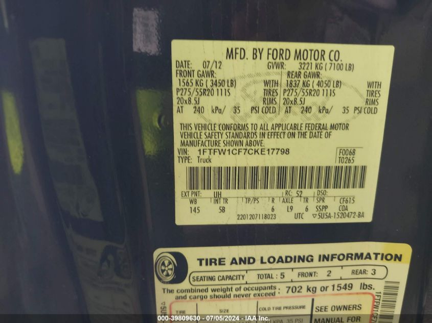 2012 Ford F-150 Fx2 VIN: 1FTFW1CF7CKE17798 Lot: 39809630