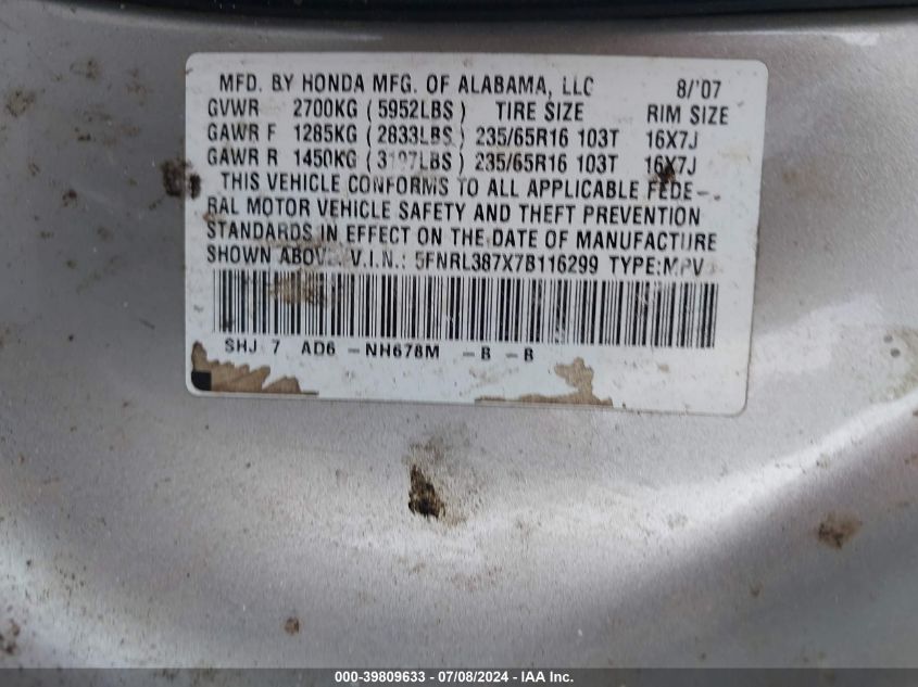 2007 Honda Odyssey Ex-L VIN: 5FNRL387X7B116299 Lot: 39809633