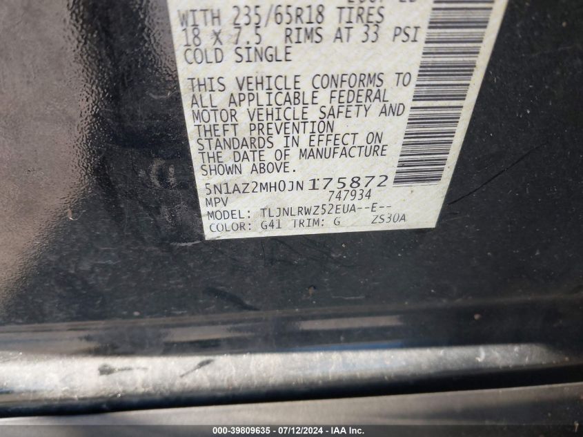 2018 Nissan Murano Sl VIN: 5N1AZ2MH0JN175872 Lot: 39809635