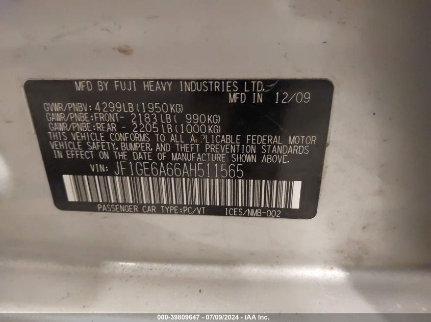 2010 Subaru Impreza 2.5I VIN: JF1GE6A66AH511565 Lot: 39809647