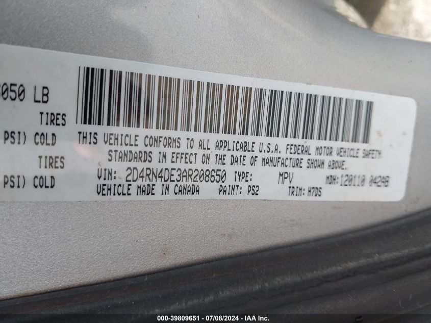 2010 Dodge Grand Caravan Se VIN: 2D4RN4DE3AR208650 Lot: 39809651