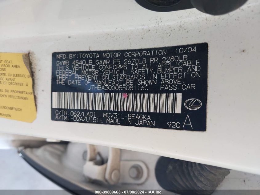 2005 Lexus Es 330 VIN: JTHBA30G055081160 Lot: 39809663