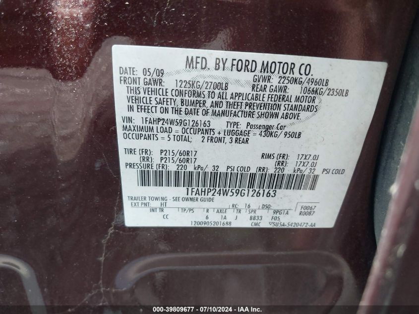 2009 Ford Taurus Sel VIN: 1FAHP24W59G126163 Lot: 39809677
