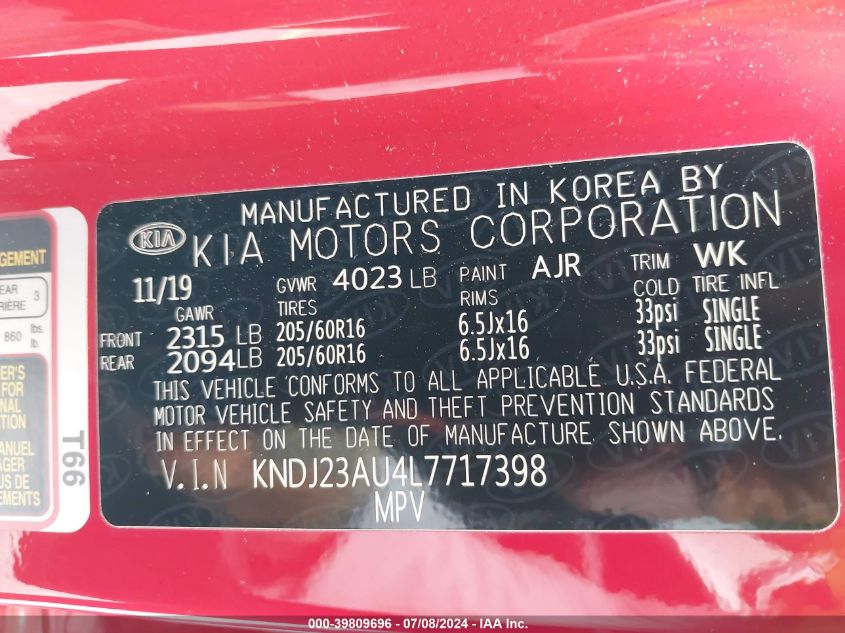 2020 Kia Soul Lx VIN: KNDJ23AU4L7717398 Lot: 39809696