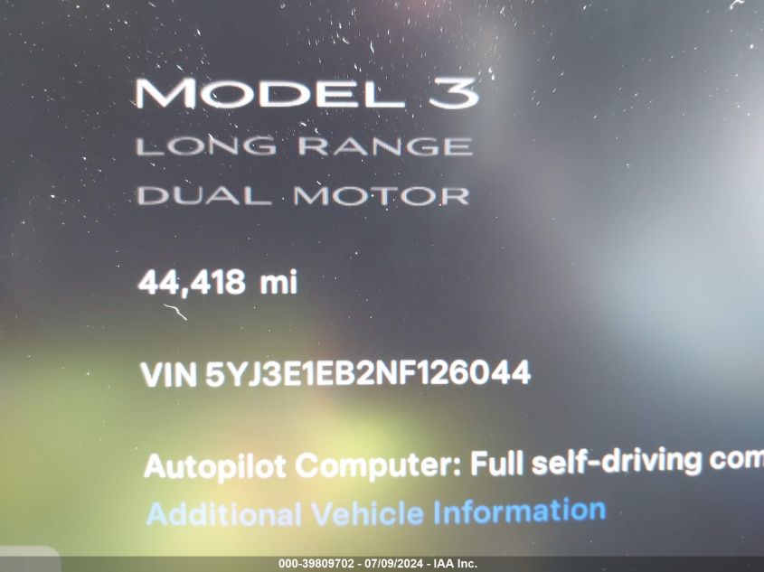 2022 Tesla Model 3 Long Range Dual Motor All-Wheel Drive VIN: 5YJ3E1EB2NF126044 Lot: 39809702