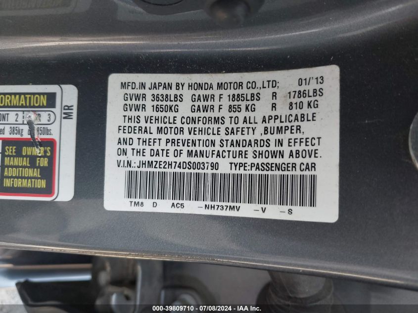 JHMZE2H74DS003790 2013 Honda Insight Ex