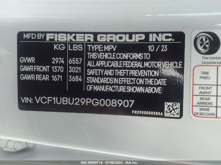 2023 Fisker Ocean Ultra VIN: VCF1UBU29PG008907 Lot: 39809714