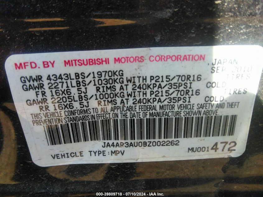 2011 Mitsubishi Outlander Sport Es VIN: JA4AP3AU0BZ002262 Lot: 39809718