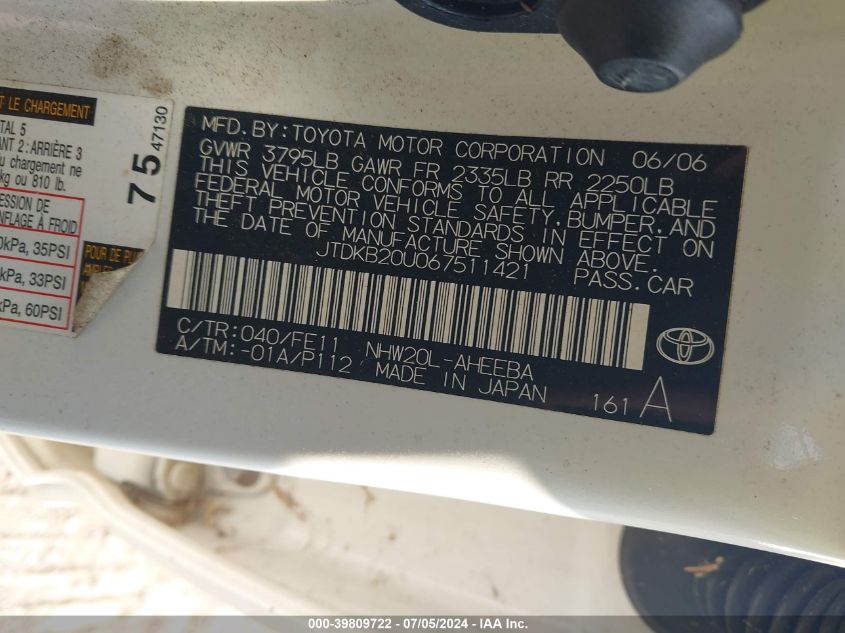 2006 Toyota Prius VIN: JTDKB20U067511421 Lot: 39809722