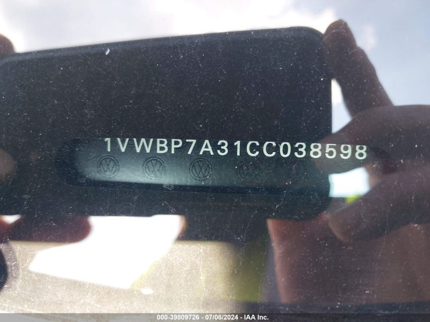 2012 Volkswagen Passat 2.5L Se VIN: 1VWBP7A31CC038598 Lot: 39809726